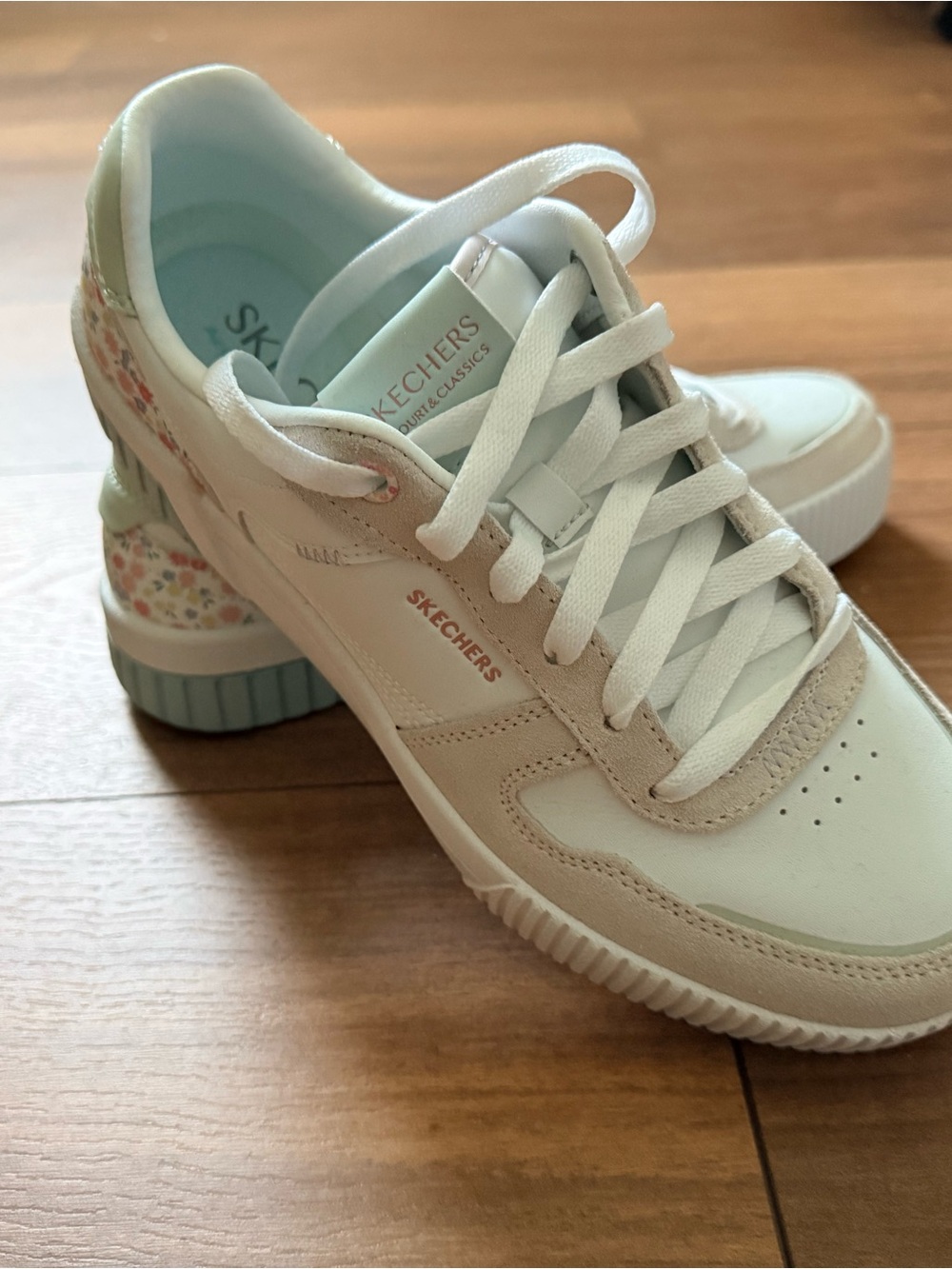 Skechers Women's White Sneakers with Light Pink & Pastel Floral Heel